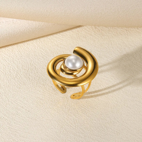Wholesale Jewelry Exaggerated Beach Geometric 304 Stainless Steel Artificial Pearls Asymmetrical Plating Open Rings