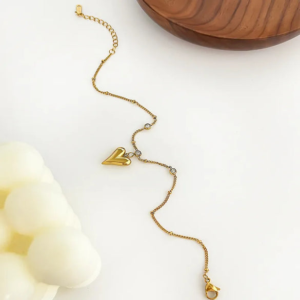 Wholesale Jewelry Fairy Style Vacation Simple Style Heart Shape 316L Stainless Steel  Rhinestones 18K Gold Plated Inlay Anklet
