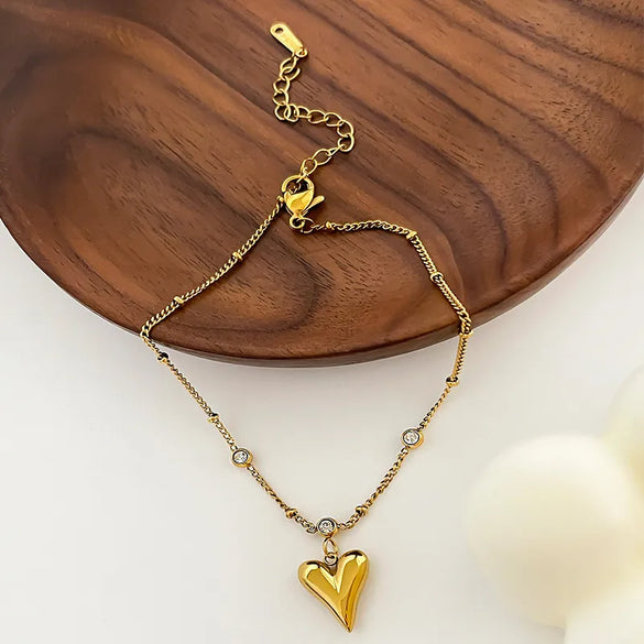 Wholesale Jewelry Fairy Style Vacation Simple Style Heart Shape 316L Stainless Steel  Rhinestones 18K Gold Plated Inlay Anklet