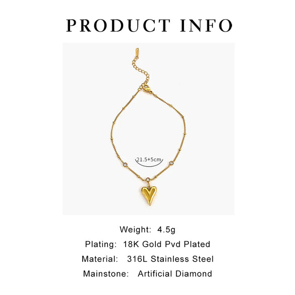 Wholesale Jewelry Fairy Style Vacation Simple Style Heart Shape 316L Stainless Steel  Rhinestones 18K Gold Plated Inlay Anklet