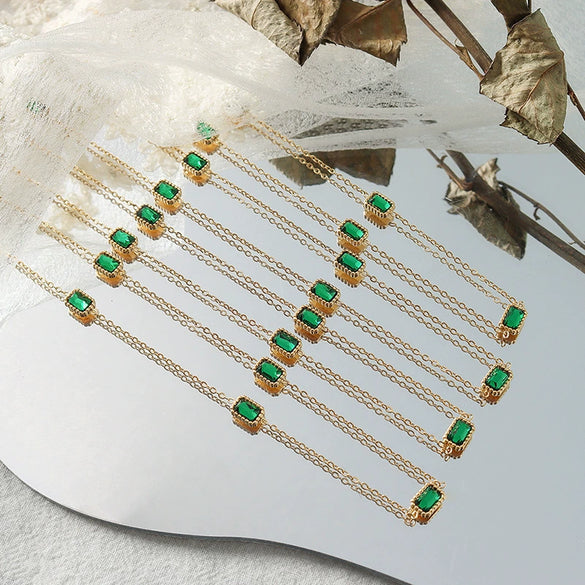 Wholesale Jewelry Fashion Geometric Emerald Zircon Necklace 316L Stainless Steel 18K Gold Plated For Women