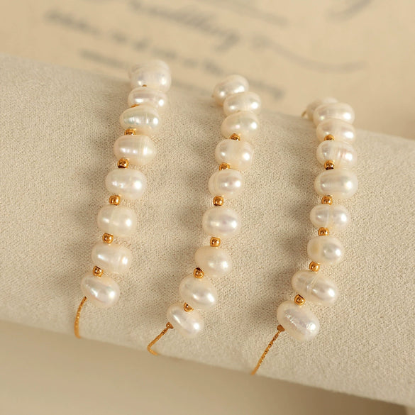 Wholesale Jewelry Fashion Geometric Natural Freshwater Pearl 316L Stainless Steel 18K Gold Plated Necklace And Bracelet For Women