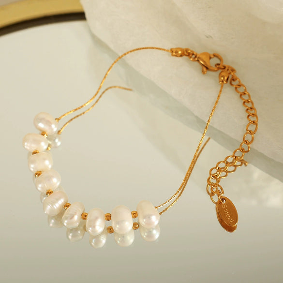 Wholesale Jewelry Fashion Geometric Natural Freshwater Pearl 316L Stainless Steel 18K Gold Plated Necklace And Bracelet For Women