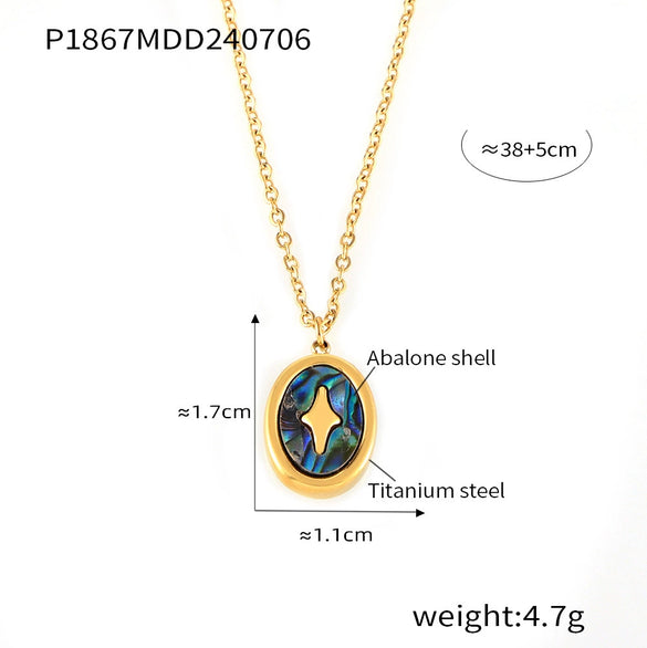 Wholesale Jewelry Fashion Geometric Oval Real Shell Pendant Titanium Steel Goldplated Necklace For Women