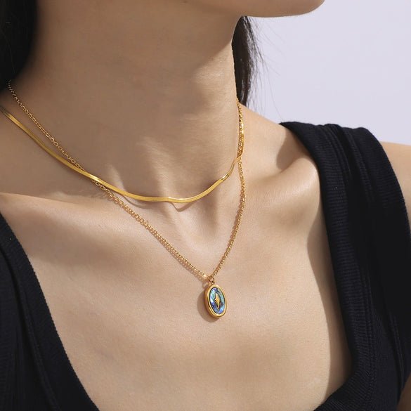 Wholesale Jewelry Fashion Geometric Oval Real Shell Pendant Titanium Steel Goldplated Necklace For Women