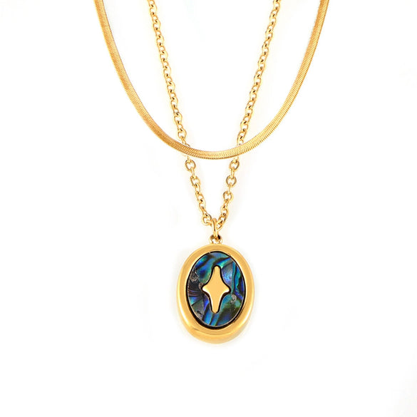 Wholesale Jewelry Fashion Geometric Oval Real Shell Pendant Titanium Steel Goldplated Necklace For Women