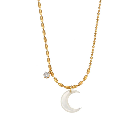Wholesale Jewelry Fashion Geometric Stainless Steel Asymmetrical Rice Beads Shell Crescent Necklace With Electroplating Treatment For Women