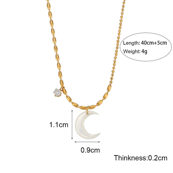 Wholesale Jewelry Fashion Geometric Stainless Steel Asymmetrical Rice Beads Shell Crescent Necklace With Electroplating Treatment For Women