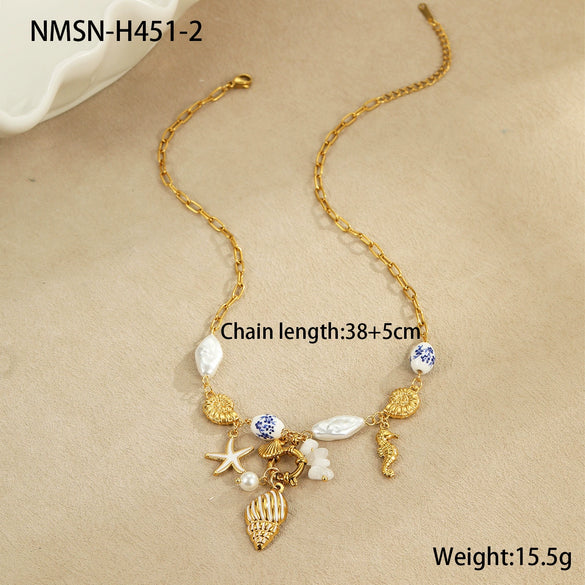 Wholesale Jewelry Fashion Geometric Stainless Steel 18K Gold Electroplated Ocean Starfish Shell Conch Bead Women's Bracelet Necklace