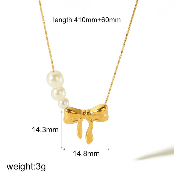 Wholesale Jewelry Fashion Geometric Stainless Steel 18K Goldplated Pearl Necklace And Bow Stud Earrings For Women