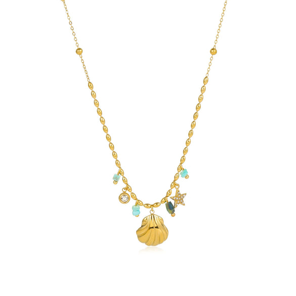 Wholesale Jewelry Fashion Ocean Style Stainless Steel 18K Gold Starfish And Conch Inlaid Zircon Necklace With Electroplating
