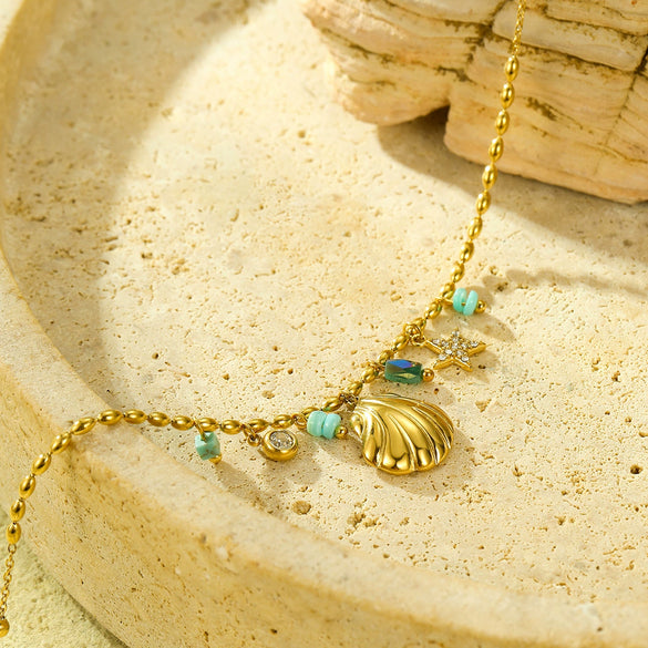 Wholesale Jewelry Fashion Ocean Style Stainless Steel 18K Gold Starfish And Conch Inlaid Zircon Necklace With Electroplating