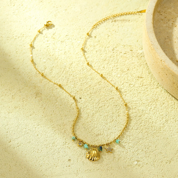 Wholesale Jewelry Fashion Ocean Style Stainless Steel 18K Gold Starfish And Conch Inlaid Zircon Necklace With Electroplating