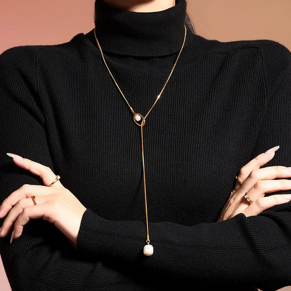 Wholesale Jewelry Fashion Ol Style Geometric 316L Stainless Steel And Alloy Inlaid Gemstones Box Chain Imitation Pearl Tassel Necklace For Unisex