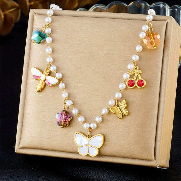 Wholesale Jewelry Fashion Pearl Chain Insect Pattern Stainless Steel Pendant Necklace With Electroplating