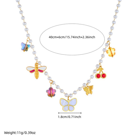 Wholesale Jewelry Fashion Pearl Chain Insect Pattern Stainless Steel Pendant Necklace With Electroplating