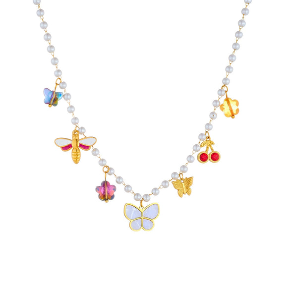 Wholesale Jewelry Fashion Pearl Chain Insect Pattern Stainless Steel Pendant Necklace With Electroplating