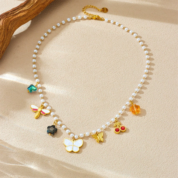 Wholesale Jewelry Fashion Pearl Chain Insect Pattern Stainless Steel Pendant Necklace With Electroplating