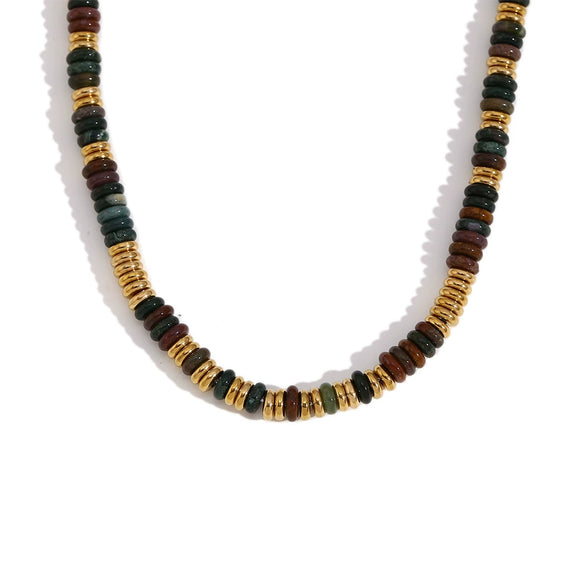 Wholesale Jewelry Fashion Retro Geometric Stainless Steel And Titanium Steel 18K Gold Plated Frisbee Natural Stone Beads Necklace And Bracelet For Women