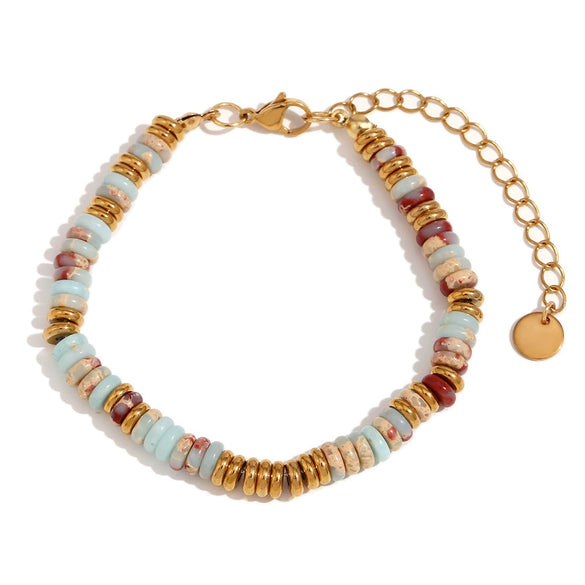 Wholesale Jewelry Fashion Retro Geometric Stainless Steel And Titanium Steel 18K Gold Plated Frisbee Natural Stone Beads Necklace And Bracelet For Women