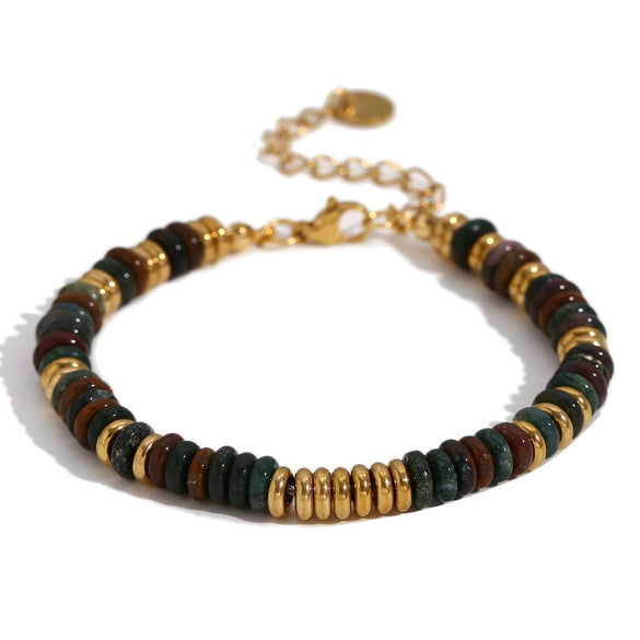Wholesale Jewelry Fashion Retro Geometric Stainless Steel And Titanium Steel 18K Gold Plated Frisbee Natural Stone Beads Necklace And Bracelet For Women