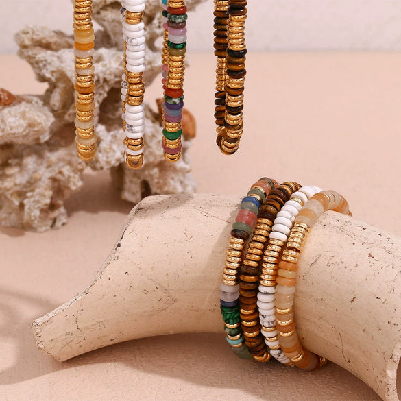 Wholesale Jewelry Fashion Retro Geometric Stainless Steel And Titanium Steel 18K Gold Plated Frisbee Natural Stone Beads Necklace And Bracelet For Women
