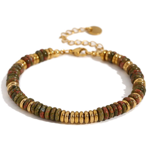 Wholesale Jewelry Fashion Retro Geometric Stainless Steel And Titanium Steel 18K Gold Plated Frisbee Natural Stone Beads Necklace And Bracelet For Women