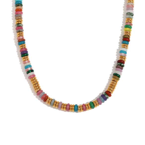 Wholesale Jewelry Fashion Retro Geometric Stainless Steel And Titanium Steel 18K Gold Plated Frisbee Natural Stone Beads Necklace And Bracelet For Women