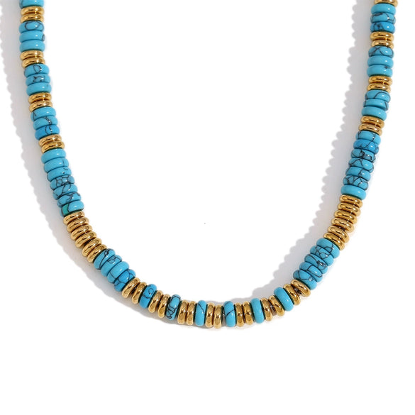 Wholesale Jewelry Fashion Retro Geometric Stainless Steel And Titanium Steel 18K Gold Plated Frisbee Natural Stone Beads Necklace And Bracelet For Women