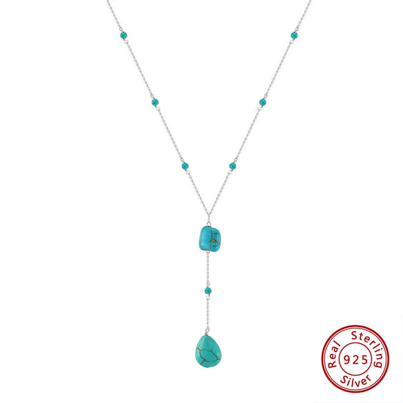 Wholesale Jewelry Fashion Retro Style Turquoise Dropshaped Geometric Pendant Yshaped Necklace With Silver Chain And Electroplating Process For Women