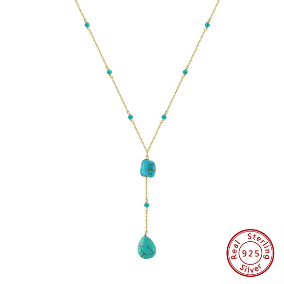 Wholesale Jewelry Fashion Retro Style Turquoise Dropshaped Geometric Pendant Yshaped Necklace With Silver Chain And Electroplating Process For Women