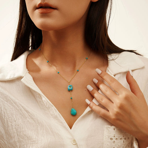 Wholesale Jewelry Fashion Retro Style Turquoise Dropshaped Geometric Pendant Yshaped Necklace With Silver Chain And Electroplating Process For Women