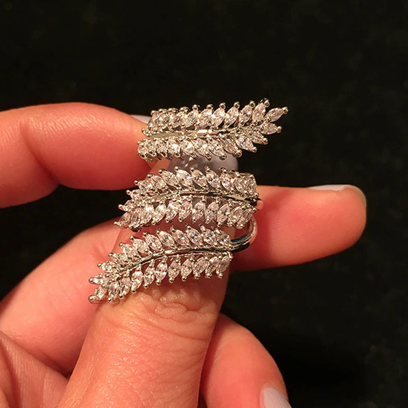 Wholesale Jewelry Fashion Shiny Leaves Wheat Design Copper Ring With Zirconia Inlay For Women