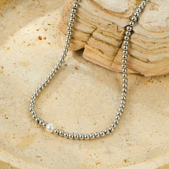 Wholesale Jewelry Fashion Simple Design Stainless Steel 18K Gold Plated Beaded Pearl Clavicle Chain For Women