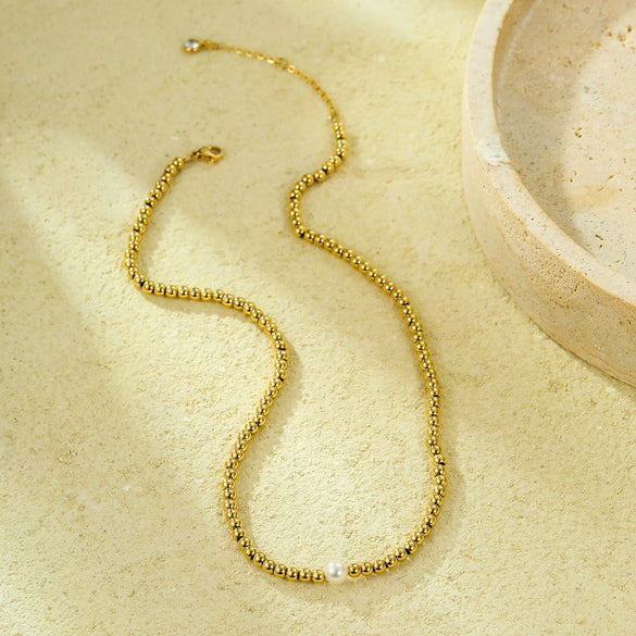 Wholesale Jewelry Fashion Simple Design Stainless Steel 18K Gold Plated Beaded Pearl Clavicle Chain For Women