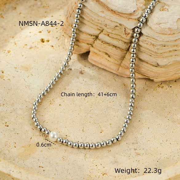Wholesale Jewelry Fashion Simple Design Stainless Steel 18K Gold Plated Beaded Pearl Clavicle Chain For Women