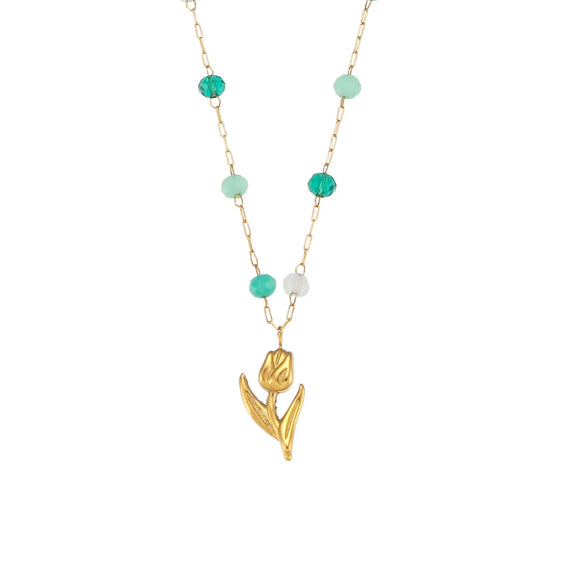 Wholesale Jewelry Fashion Simple Elegant Stainless Steel Colorful Beads Tulip Pendant Necklace With Geometric Pattern And Electroplating Treatment