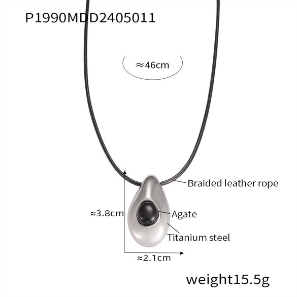 Wholesale Jewelry Fashion Simple Leather Rope 316L Stainless Steel Necklace With Water Drop Pendant Inlaid Agate And Geometric Design Electroplated