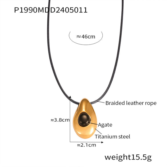 Wholesale Jewelry Fashion Simple Leather Rope 316L Stainless Steel Necklace With Water Drop Pendant Inlaid Agate And Geometric Design Electroplated