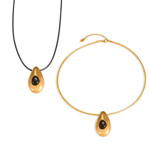 Wholesale Jewelry Fashion Simple Leather Rope 316L Stainless Steel Necklace With Water Drop Pendant Inlaid Agate And Geometric Design Electroplated