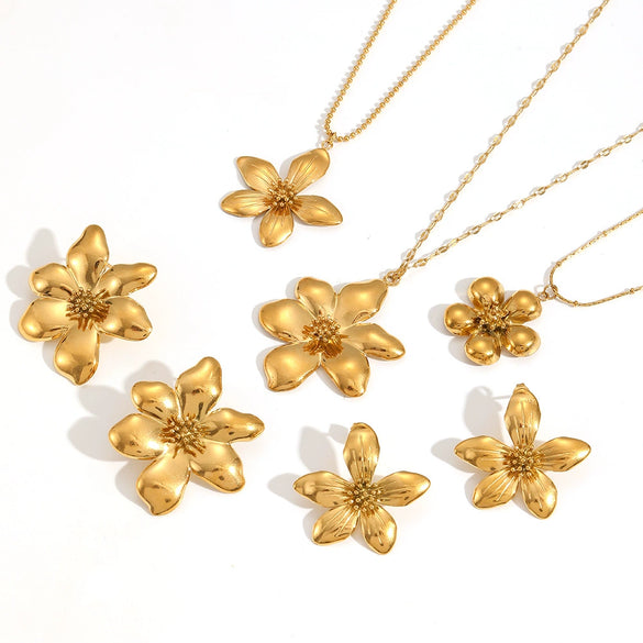 Wholesale Jewelry Fashion Stainless Steel And Titanium Steel Plants Flowers Electroplating Pendant Necklace And Earrings Set For Women