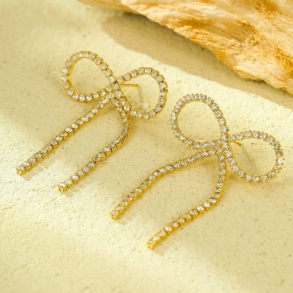 Wholesale Jewelry Fashion Stainless Steel Bow Tassel Zircon Earrings With Electroplating