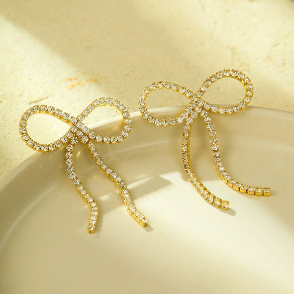 Wholesale Jewelry Fashion Stainless Steel Bow Tassel Zircon Earrings With Electroplating