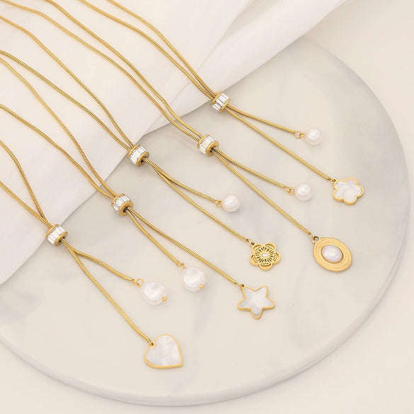 Wholesale Jewelry Fashion Stainless Steel Heart Shape And Star Pattern Pearl Tassel Clavicle Chain For Women With Electroplating Treatment