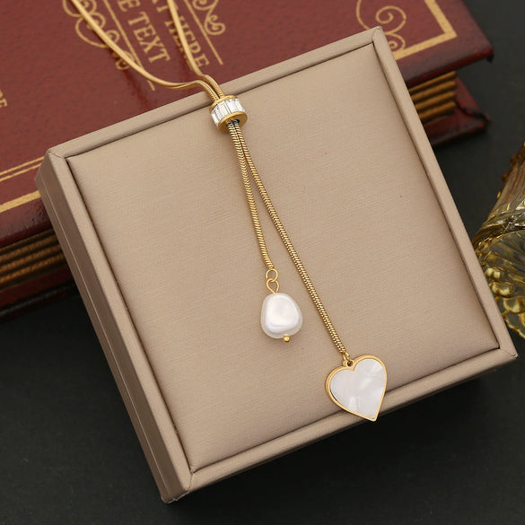Wholesale Jewelry Fashion Stainless Steel Heart Shape And Star Pattern Pearl Tassel Clavicle Chain For Women With Electroplating Treatment