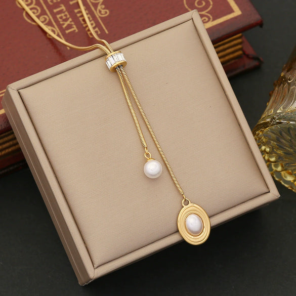 Wholesale Jewelry Fashion Stainless Steel Heart Shape And Star Pattern Pearl Tassel Clavicle Chain For Women With Electroplating Treatment