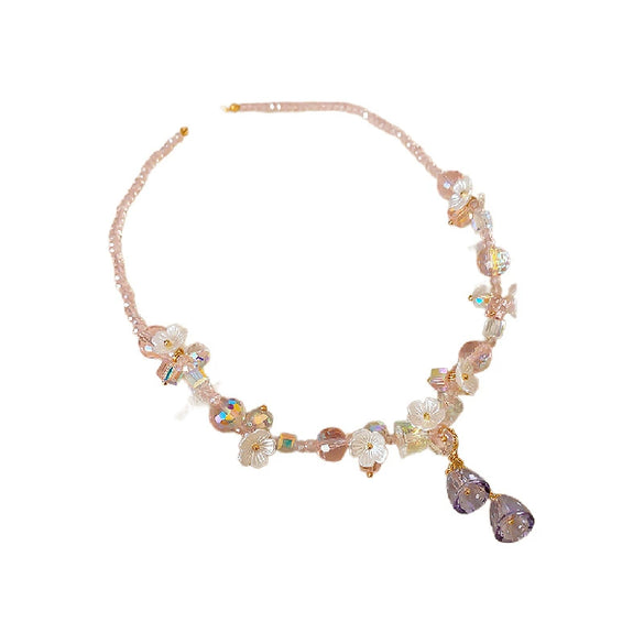 Wholesale Jewelry Fashion Sweet Temperament Alloy Artificial Crystal Plant Flowers Electroplating Tassel Clavicle Chain For Women