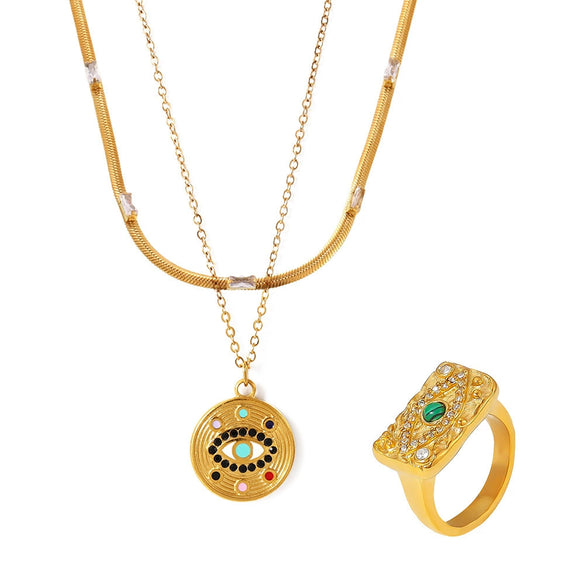 Wholesale Jewelry Ferris Wheel Devil's Eye Zircon Titanium Steel 18K Gold Plated Necklace Ring For Women