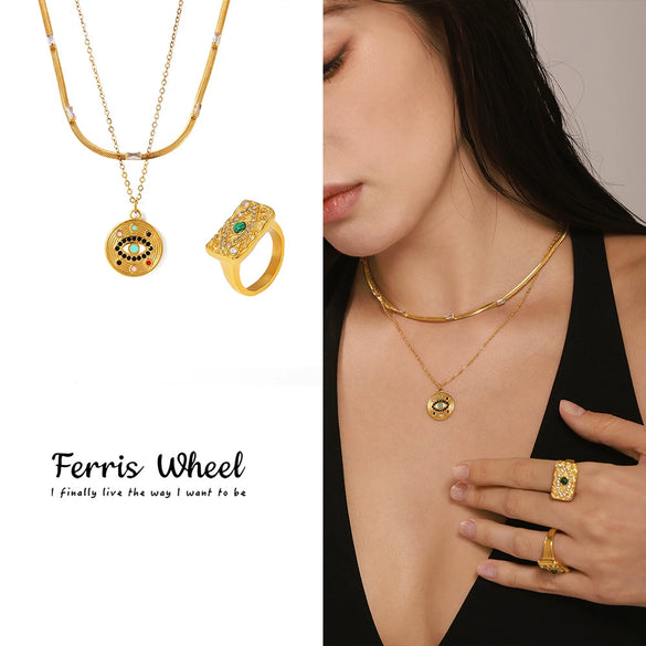 Wholesale Jewelry Ferris Wheel Devil's Eye Zircon Titanium Steel 18K Gold Plated Necklace Ring For Women