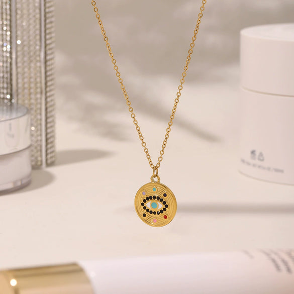 Wholesale Jewelry Ferris Wheel Devil's Eye Zircon Titanium Steel 18K Gold Plated Necklace Ring For Women